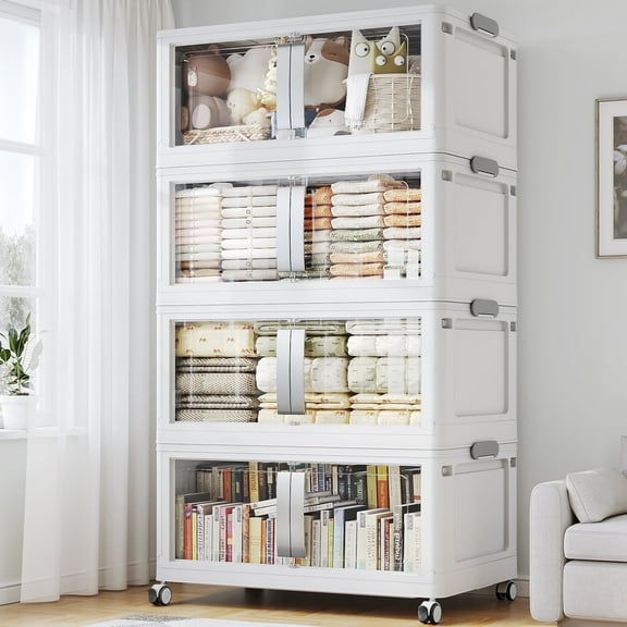 Broview V70 Stackable Storage Bins Extra Large 160 Gallon (640 Quart), Plastic Box, Stackable & Foldable, Clear Doors, Magnetic Closure, 360° Wheels, White 4pack