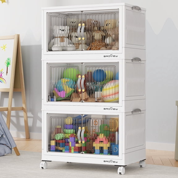 BROVIEW V8S Large Stackable Storage Bins with Lids & Wheels & Door, 120QT/30Gal-40QT/10Gal*3Pack Foldable Collapsible Closet Organizers, Plastic Containers Drawers for Bedroom Dorm Garage White