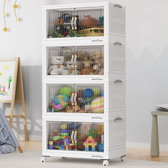 BROVIEW V8S Large Stackable Storage Bins with Lids & Wheels & Door, 160QT/40Gal-40QT/10Gal*4Pack Foldable Collapsible Closet Organizers, Plastic Containers Drawers for Bedroom Dorm Garage White