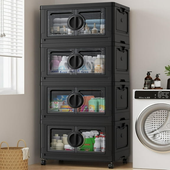 BROVIEW V9 120Gal Stackable Storage Bins, Plastic Collapsible Storage Bins with Lids and Wheels, Clothes Organizers and Storage Drawer, Folding Cabinets with Doors for Home, 4PCS Black