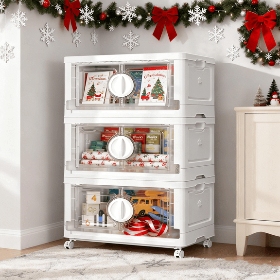 BROVIEW V9 90Gal Stackable Storage Bins, Plastic Collapsible Storage Bins with Lids and Wheels, Clothes Organizers and Storage Drawer, Folding Cabinets with Doors for Home, 3PCS White