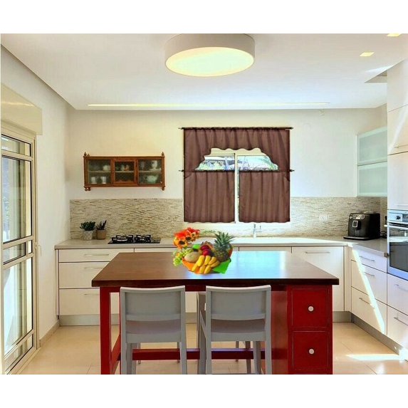 BROWN 3-PC K66 Luxurious Sheer Organza Kitchen Rod Pocket Window Curtain Treatment Set, Beautiful Solid Tier Panels with Matching Valance Swag