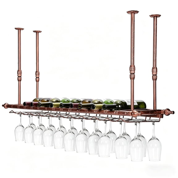 BROWN Industrial Copper-Tone Wine Rack With Glass Holders, 47.3 Inch