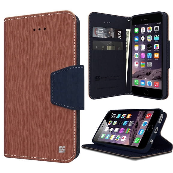 BROWN NAVY INFOLIO WALLET CREDIT CARD ID CASH CASE STAND FOR iPHONE 6 PLUS 5.5"