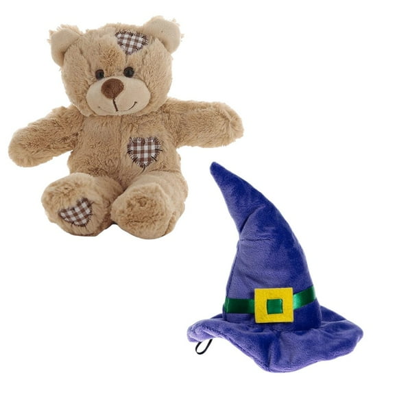 BROWN PATCHES BEAR 8 inch with Purple Witch Hat Spooky Cute Plush Toy for Halloween, Make your own toy Perfect for Halloween Decor, Trick-or-Treat Gifts, & Festive Fun