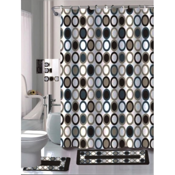 BROWN SAMI  15-piece Hotel Bathroom Sets - 2 Non-Slip Bath Mats Rugs Fabric Shower Curtain 12-Hooks