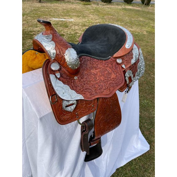 BROWN WESTERN FLORAL CARVED HORSE SADDLE WITH SILVER METAL STENCILS 10" INCH