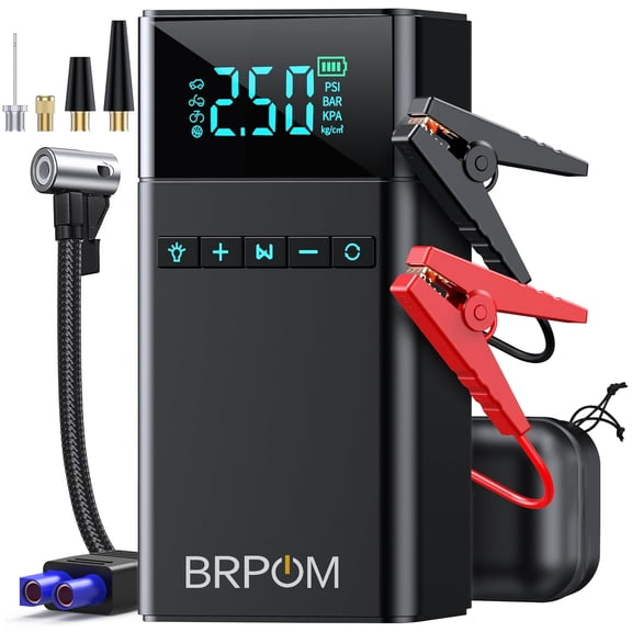 BRPOM 8500A Car Jump Starter with Air Compressor, 12V Portable Battery Pack for All Gas/8.0 L Diesel Engines, Lithium Battery Jump Box with Digital Display, LED Lights, USB/Type-C Charging