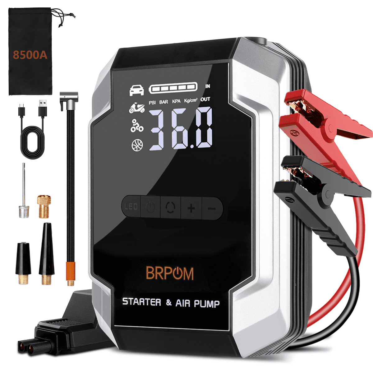 BRPOM 8500A Car Jump Starter with Air Compressor 150PSI, 10000mAh Portable Car Battery Jump Starter Box 12V (All Gas/10L Diesel), QC 3.0 Power Bank, LCD Display, LED Emergency Light, Jumper