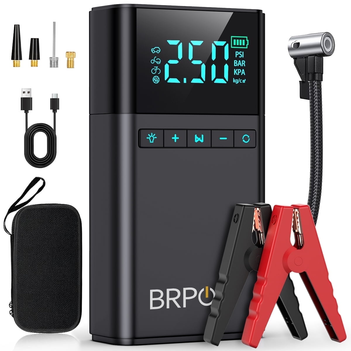 BRPOM 8500A Portable Car Battery Jump Starter with Air Compressor, 150PSI Portable Car Jumper Starter (All Gas/12L Diesel Engines), 12V Lithium Jump Box with LCD Display, LED Lights, Jumper Cables