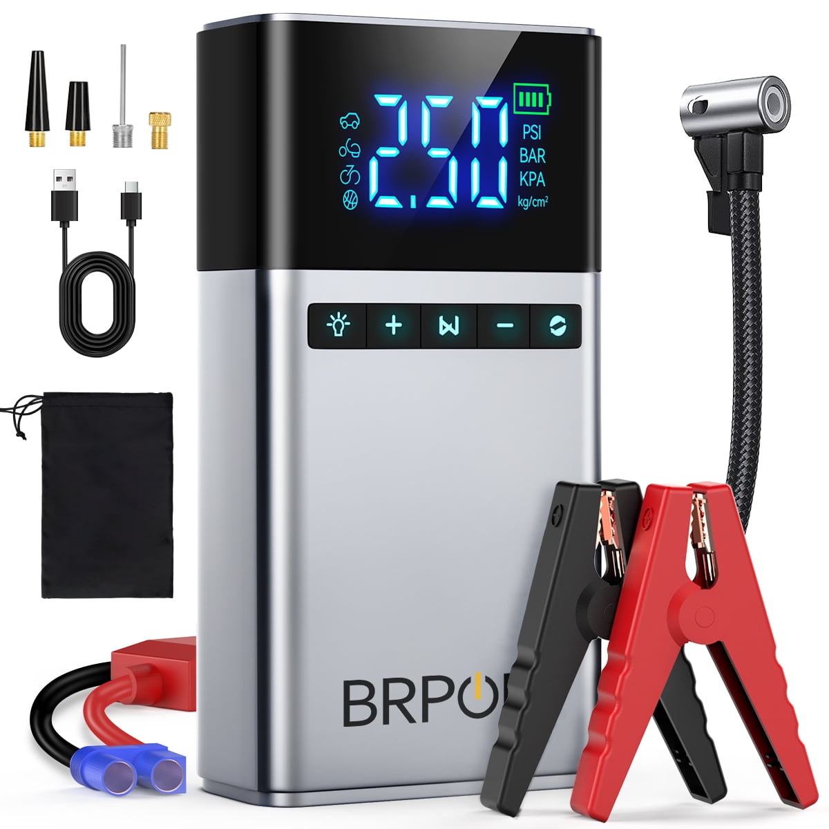 BRPOM Portable Car Jump Starter with Air Compressor, 12V Battery pack for Gas/Diesel Engines, 7500A High Power, Digital Display, LED Lights, USB Type-C Charging, Rechargeable Lithium Polymer Battery