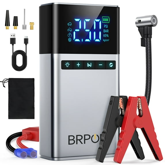 BRPOM Portable Car Jump Starter with Air Compressor, 12V Battery pack for Gas/Diesel Engines, 7500A High Power, Digital Display, LED Lights, USB Type-C Charging, Rechargeable Lithium Polymer Battery