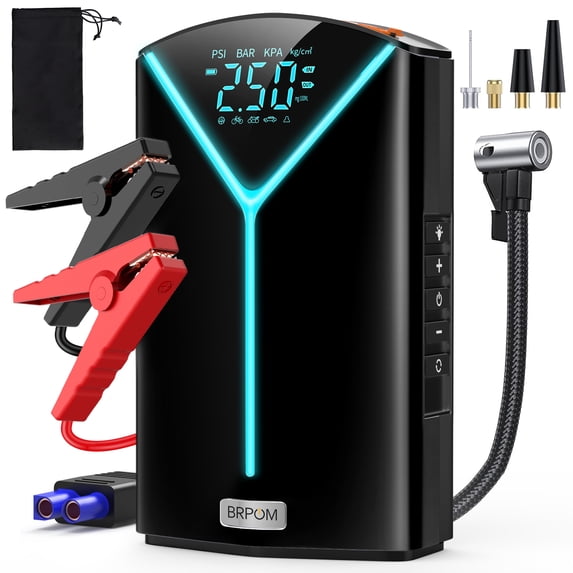 BRPOM Portable Car Jump Starter with Air Compressor, 12V Battery Pack for Gas/Diesel Engines, 8500A High Power, Digital Display, LED Lights, USB Type-C Charging, Rechargeable Lithium Polymer Battery,