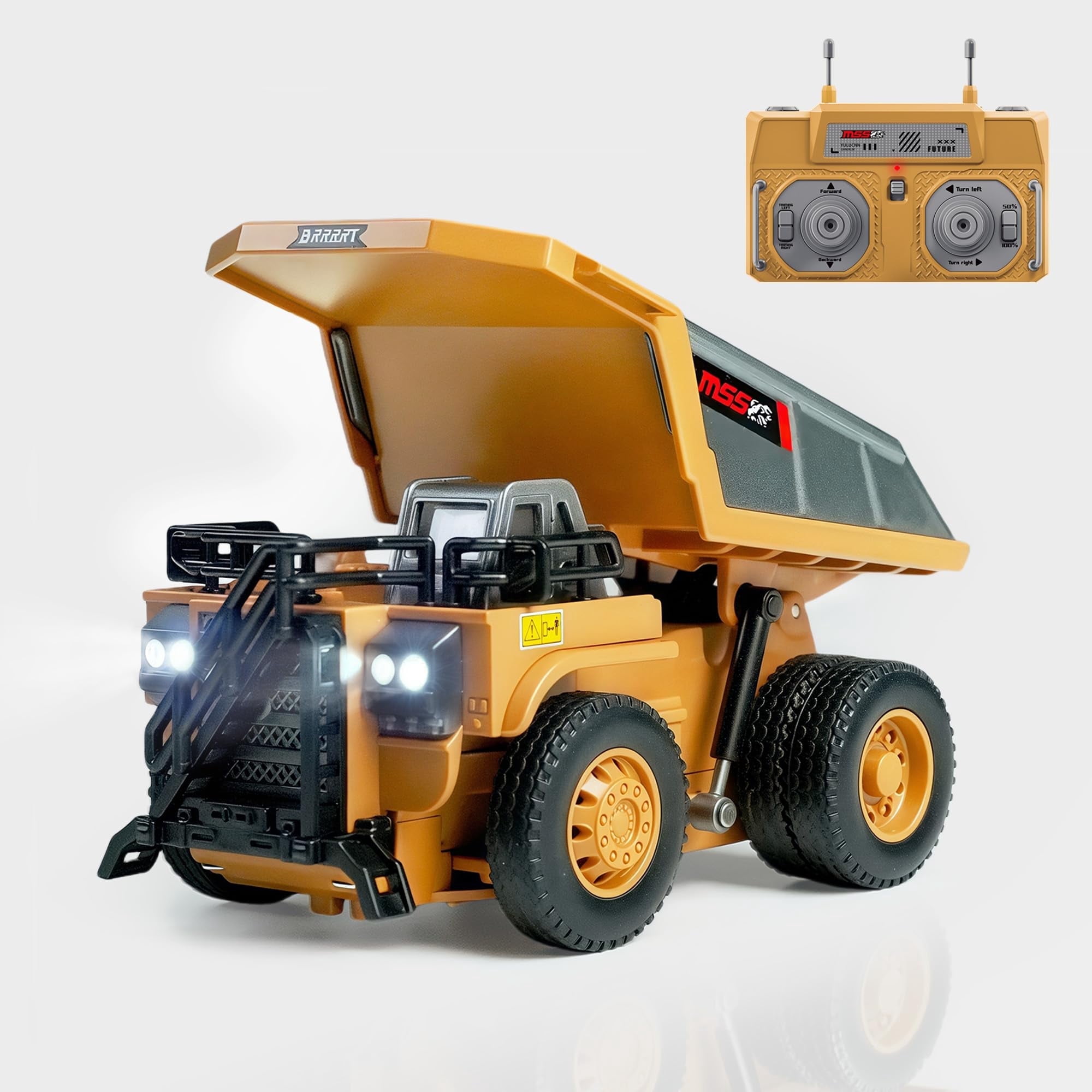 BRRRRT 1/64 Mini RC Dump Truck Toy, 8-Channel Remote Control Toy with Metal Bed & Light, RC Construction Vehicles, Birthday Gifts for Boys and Girls Age 3+