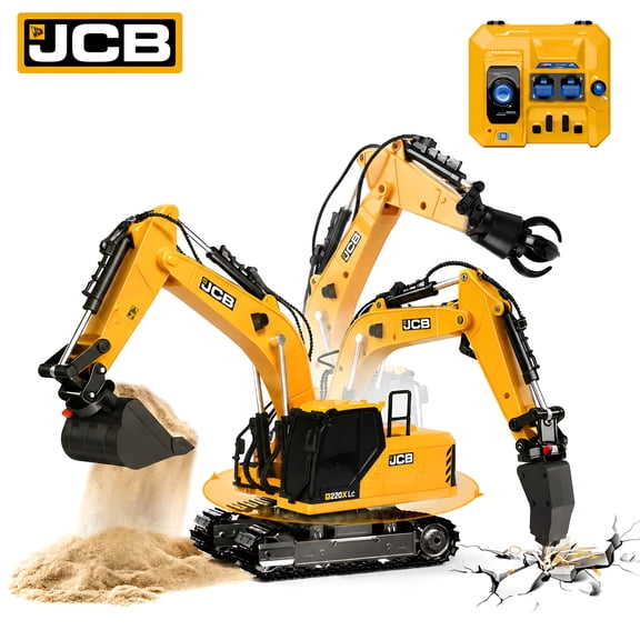 BRRRRT JCB 3 in 1 Remote Control Excavator Toys for Boys 3-12, 2.4GHz 14 Channel RC Excavator Toy with Bucket/Claw/Drill, Construction Vehicles with Light and Sound, Birthday Gift for Girls