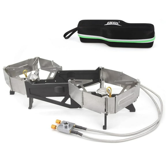 BRS-32 Portable Foldable Camping Stove, Double Head Burner Folding Camp Stove, Windproof Backpacking Furnace Fire Adjustable Control Gas Stove with Electronic Igniter