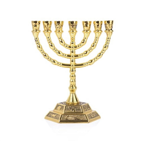 BRTAGG Menorah 7 Branch, 12 Tribes of Israel, Jerusalem Temple Jewish Candle Holder (5", Gold)