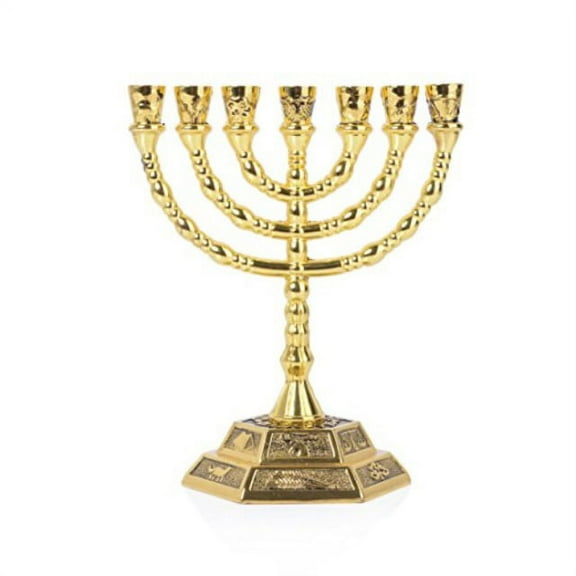 BRTAGG Menorah 7 Branch, 12 Tribes of Israel, Jerusalem Temple Jewish Candle Holder (5", Gold)