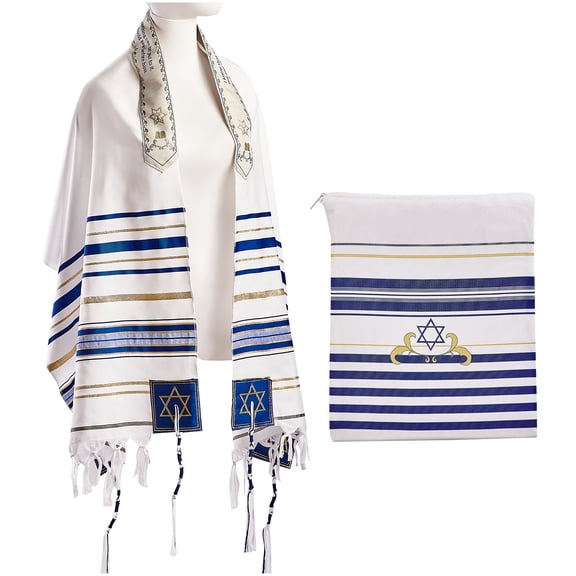 BRTAGG Tallit with Clips and Bag, Prayer Shawl with David of Star, 70"x 20" Jewish Gifts