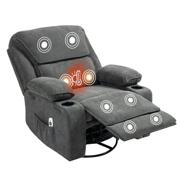 BRTHORY Swivel Rocker Recliner Chair with Heat and Massage, Upholstered Comfy Soft Fabric Recliner Chair for Home Theater, Dark Gray