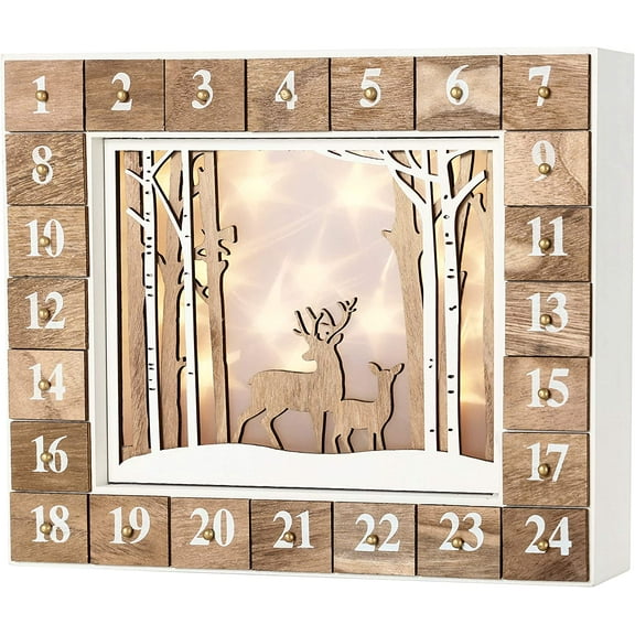 BRUBAKER Reusable Wooden Advent Calendar to Fill - White Winter Landscape with LED Lighting - DIY Christmas Calendar 13.98 x 2.36 x 10.63 inches