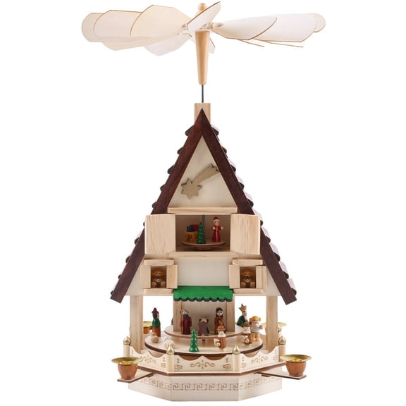 BRUBAKER Wooden Christmas Pyramid 19.3 Inches - Nativity Play - 4 Tier Carousel with 4 Golden Metal Candle Holders