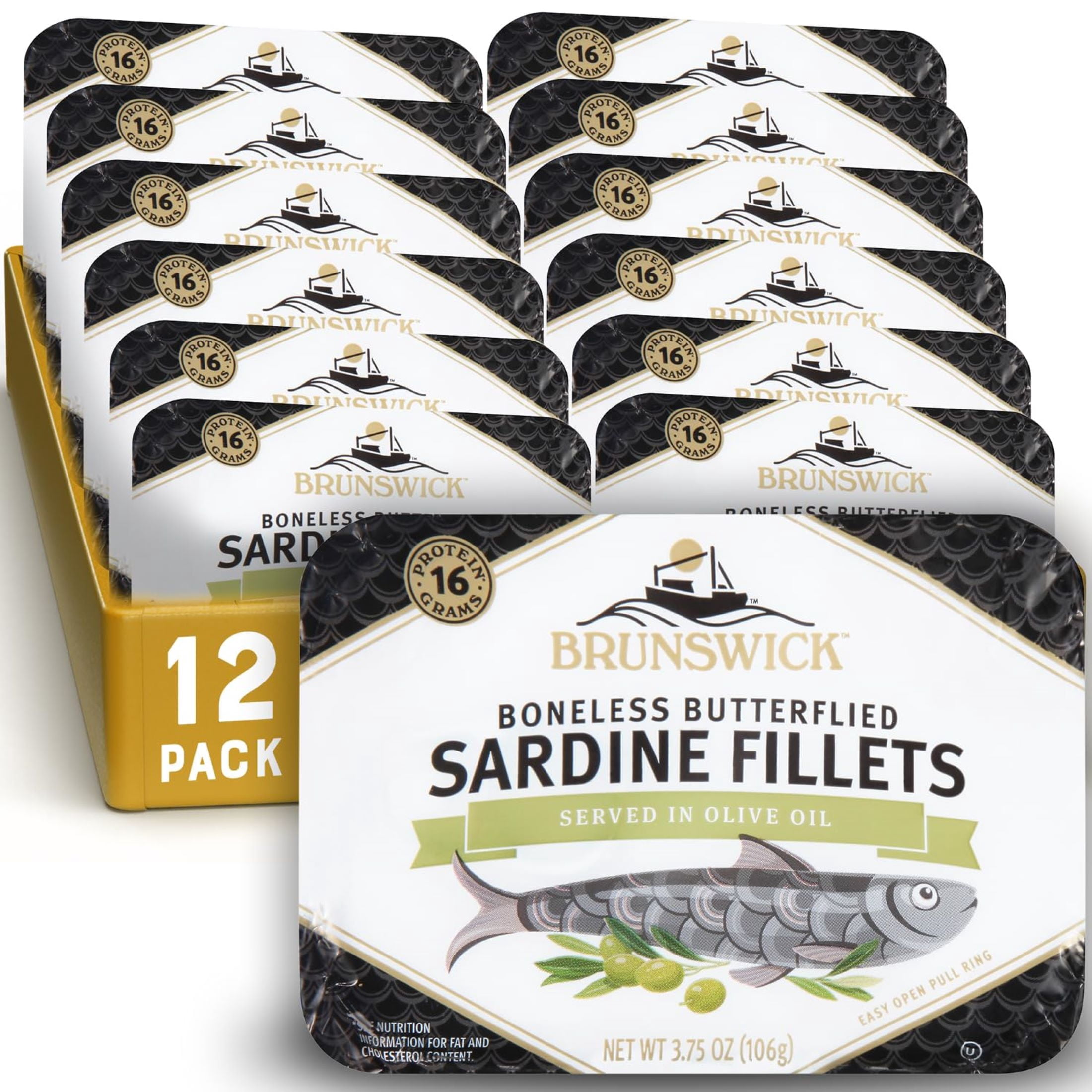 (12 pack) Brunswick Sardines in Olive Oil, Boneless and Butterflied Herring Fillets, Wild Caught, Gluten Free, 16g Protein per Serving, Shelf Stable Can, 3.75 oz