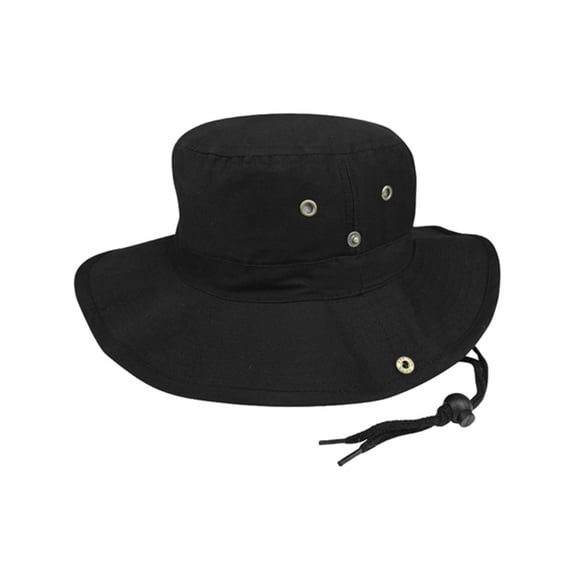 BRUSHED TWILL AUSSIE HAT WITH SIDE SNAPS AND CHIN CORD, Black Medium