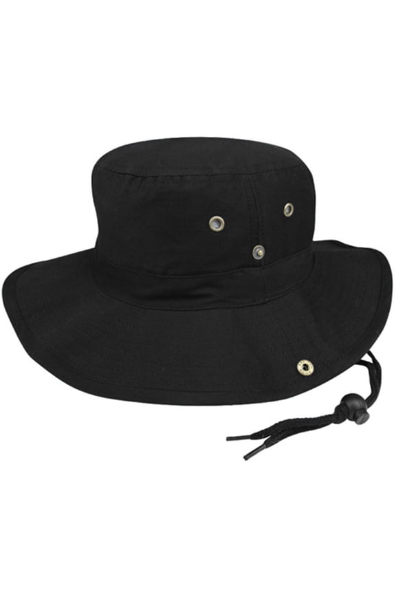 BRUSHED TWILL AUSSIE HAT WITH SIDE SNAPS AND CHIN CORD, Black Medium