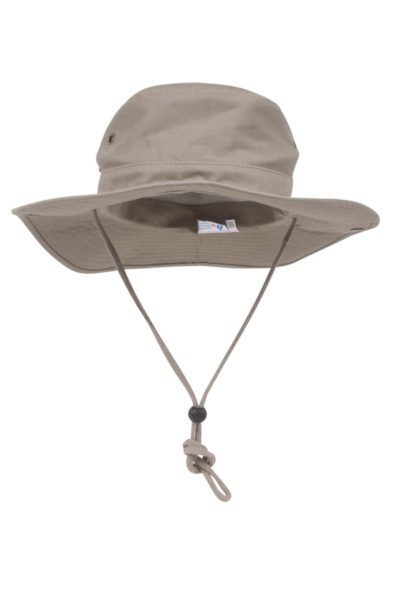 BRUSHED TWILL AUSSIE HAT WITH SIDE SNAPS & CHIN CORD, Khaki Large
