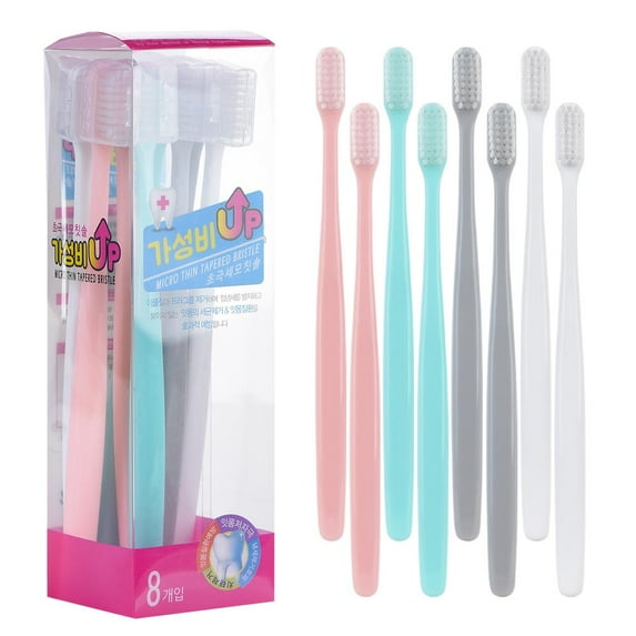 BRUSHLINE - Pack of 8 Ultra Soft Toothbrush with Micro Thin Tapered Bristle - Made in Korea (4 Colors)