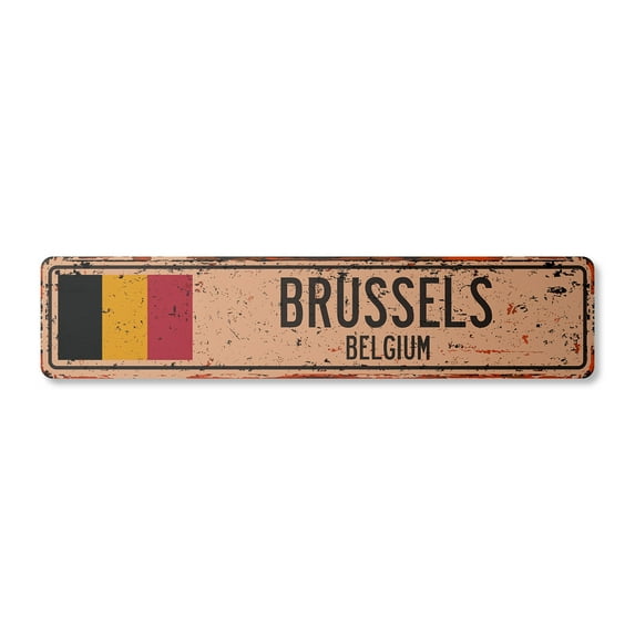 BRUSSELS BELGIUM Vintage Aluminum Street Sign Belgian flag city country road rustic metal tin wall gift | Indoor/Outdoor | 30" Wide