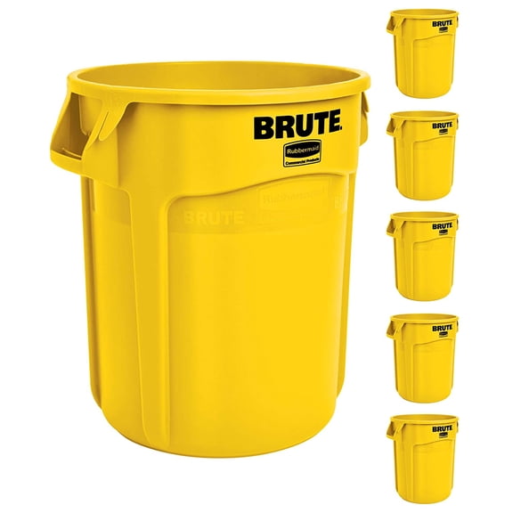 BRUTE Heavy-Duty Round Trash/Garbage Can, 10-Gallon, Yellow, Outdoor Waste Container for Landscapers/Construction/Restaurants/Back of House/Offices/Warehouses, Pack of 6