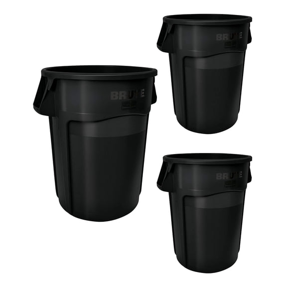 BRUTE Heavy-Duty Round Trash/Garbage Can with Venting Channels, 44-Gallon, Black, Waste Container for Landscapers/Construction/Restaurants/Warehouses/Home, Pack of 3