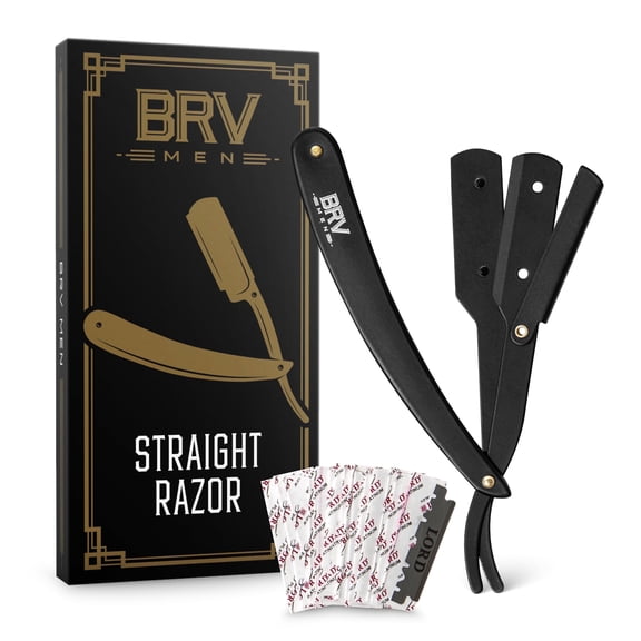 BRV MEN Professional Straight Edge Barber Razor w/ 100 Lord Platinum Single Edge Razor Blades - Straight Razors for Men - Barbershop Accessories - Mens Shaving Knife & Shavette - Black