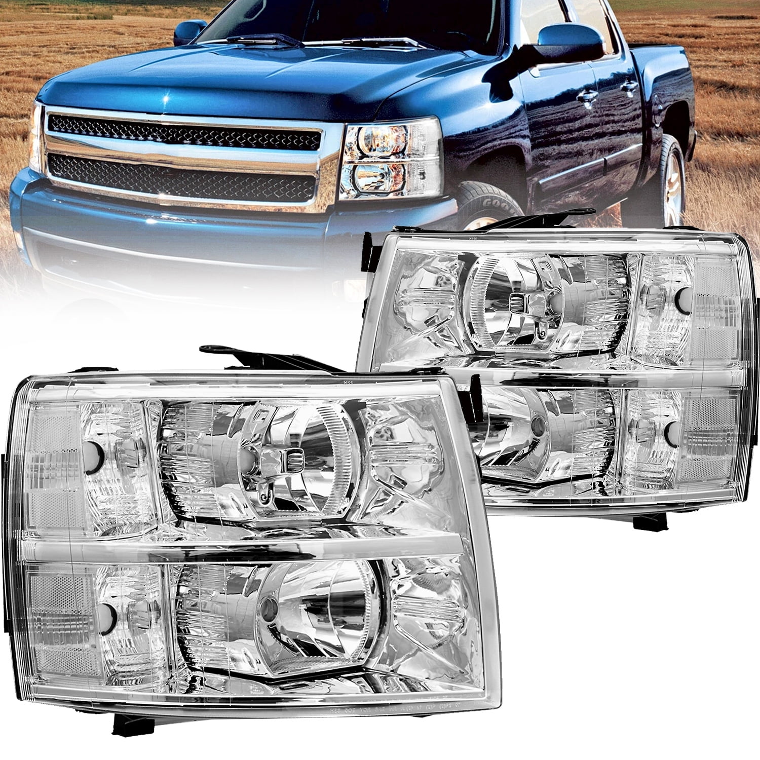 BRYGHT-For 2007-2014 Chevy Silverado 1500 2500HD 3500HD Chrome Headlights LH+RH Sets