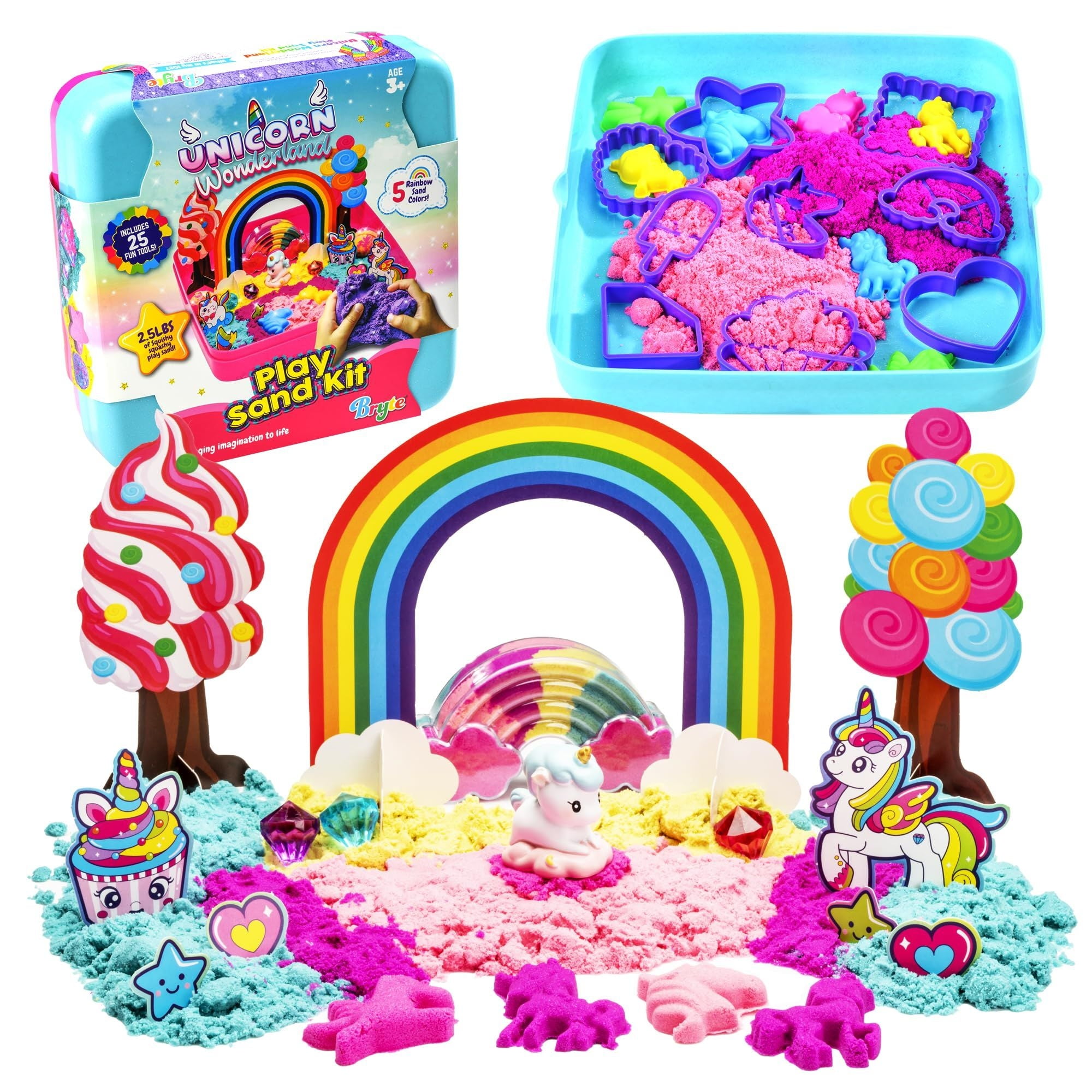 BRYTE Unicorn Wonderland Play Sand Kit | All Inclusive Rainbow Sand Kit with 2.5 lbs Colored Play Sand and 25 Play Sand for Kids Mix-Ins and Tools | Gift-Ready Unicorn Toys for Girls Age 6-14