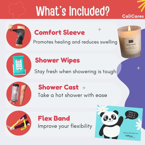 NO BS Knee Care Package - Things You Need After Knee Surgery/ACL Surgery - After Surgery Must Haves, includes Cast Covers For Shower Leg, Knee Compression Sleeve, Stretch Bands For Exercise