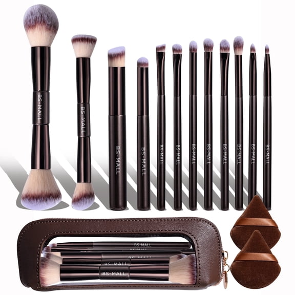 BS-MALL 12Pcs Coffee Double-Ended Makeup Brushes Set, Precise Application, Soft & Non-Irritating, Includes Coffee Triangle Bag & 2 Triangle Puffs, Shed-Free Eyeshadow, Foundation & Blush Brushes, Por