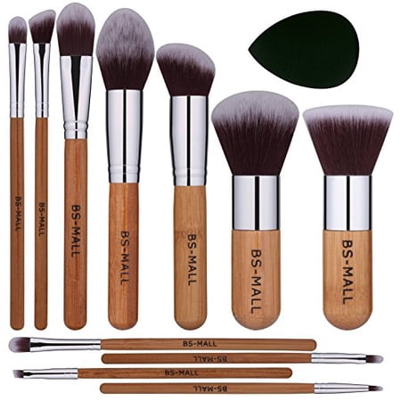 BS-MALL Makeup Brush Set 11Pcs Bamboo Synthetic Kabuki Brush Set Foundation Powder Blending Concealer Eye shadows Blush Cosmetics Brushes with Organizer Bag & Makeup Sponge NEW