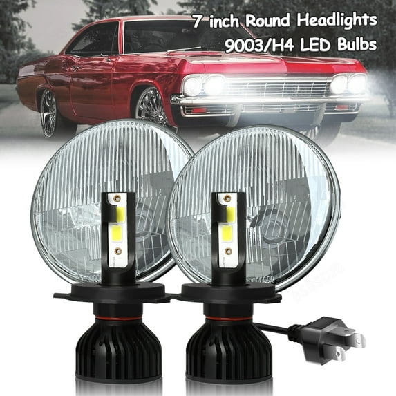 BSBSDJB 2x 7 Inch Glass Round Headlight Housing + 2x H4/9003 LED Bulb Super Bright