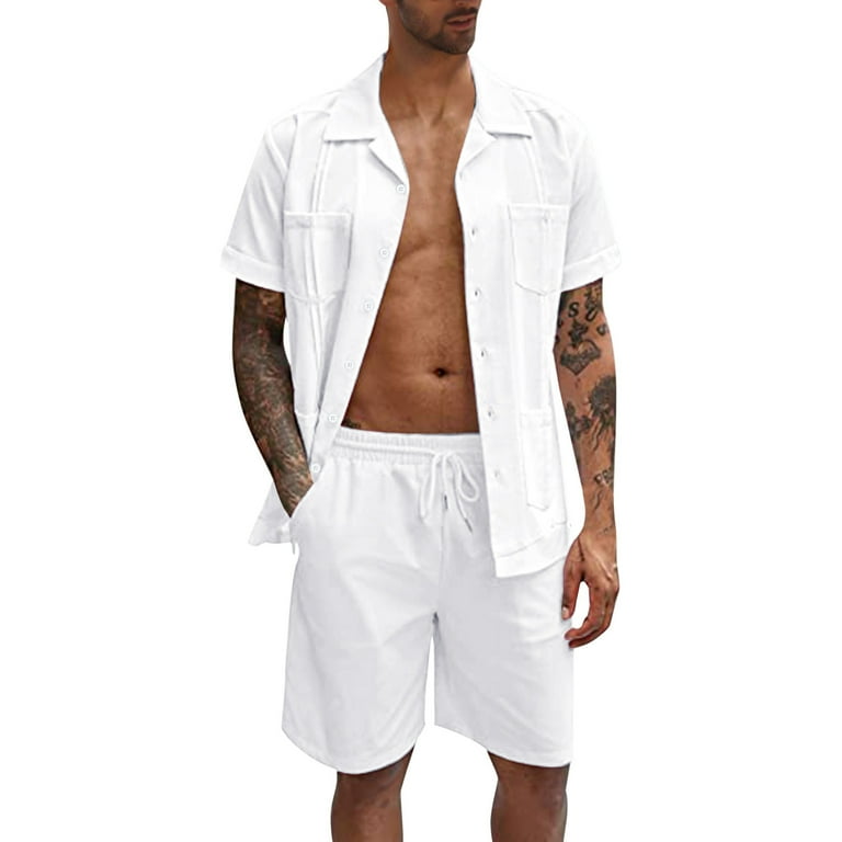 Mens white linen short sets top