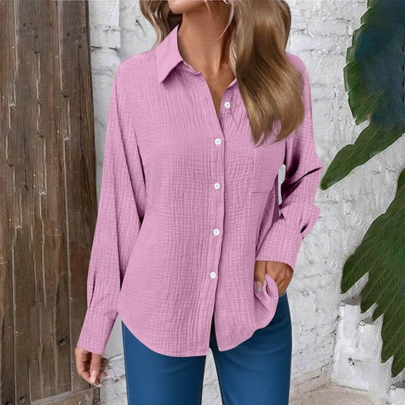 BSDJILFG 100% Cotton Blouses for Women Dressy Casual Button Down Long Sleeve Lapel Blouse with Pockets
