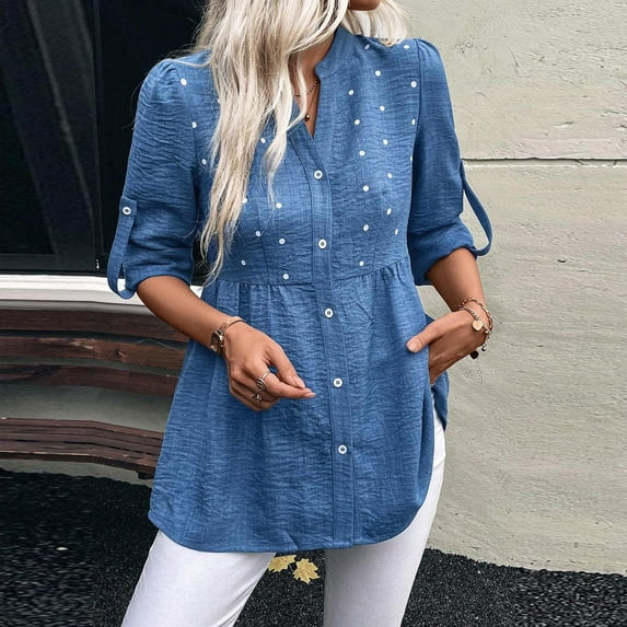 BSDJILFG 100% Cotton T-Shirts for Women Rolled Up V-Neck Polka Dots Print Long Sleeve Button Down Tunic Blouse