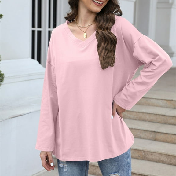 BSDJILFG 100% Cotton Tops for Women Casual V-Neck Drop Shoulder Soft Breathable Loose Fit Solid Color Pullover Blouse