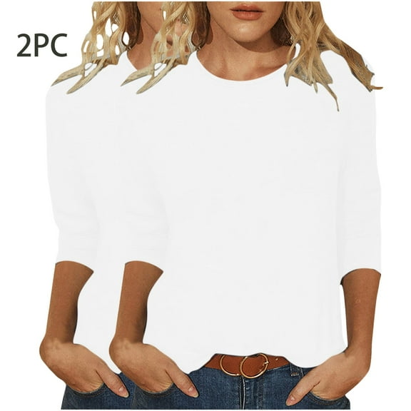 BSDJILFG 2 Pack 3/4 Sleeve Shirts for Women Casual Solid Color T-Shirt Loose Round Neck Blouse