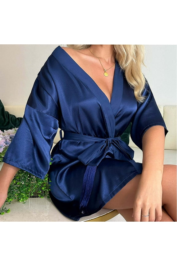 2-Piece Pajama Sets for Women Silk Satin Solid Color Lace Up Cardigan Tie Waist Tassel Robe Bathing Swimming Leisure Wear