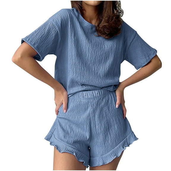 BSDJILFG 2 Piece Sets for Women Summer 2024 Sleepwear Overalls Half Sleeve Solid Color Loose Round Neck Basic Tees with Ruffle Elastic Waist Shorts Campus Style School Collage Looks
