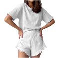 thumbnail image 1 of BSDJILFG 2 Piece Sets for Women Summer 2025 Sleepwear Overalls Half Sleeve Solid Color Loose Round Neck Basic Tees with Ruffle Elastic Waist Shorts Campus Style School Collage Looks, 1 of 7