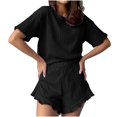 thumbnail image 1 of BSDJILFG 2 Piece Sets for Women Summer 2025 Sleepwear Overalls Half Sleeve Solid Color Loose Round Neck Basic Tees with Ruffle Elastic Waist Shorts Campus Style School Collage Looks, 1 of 7